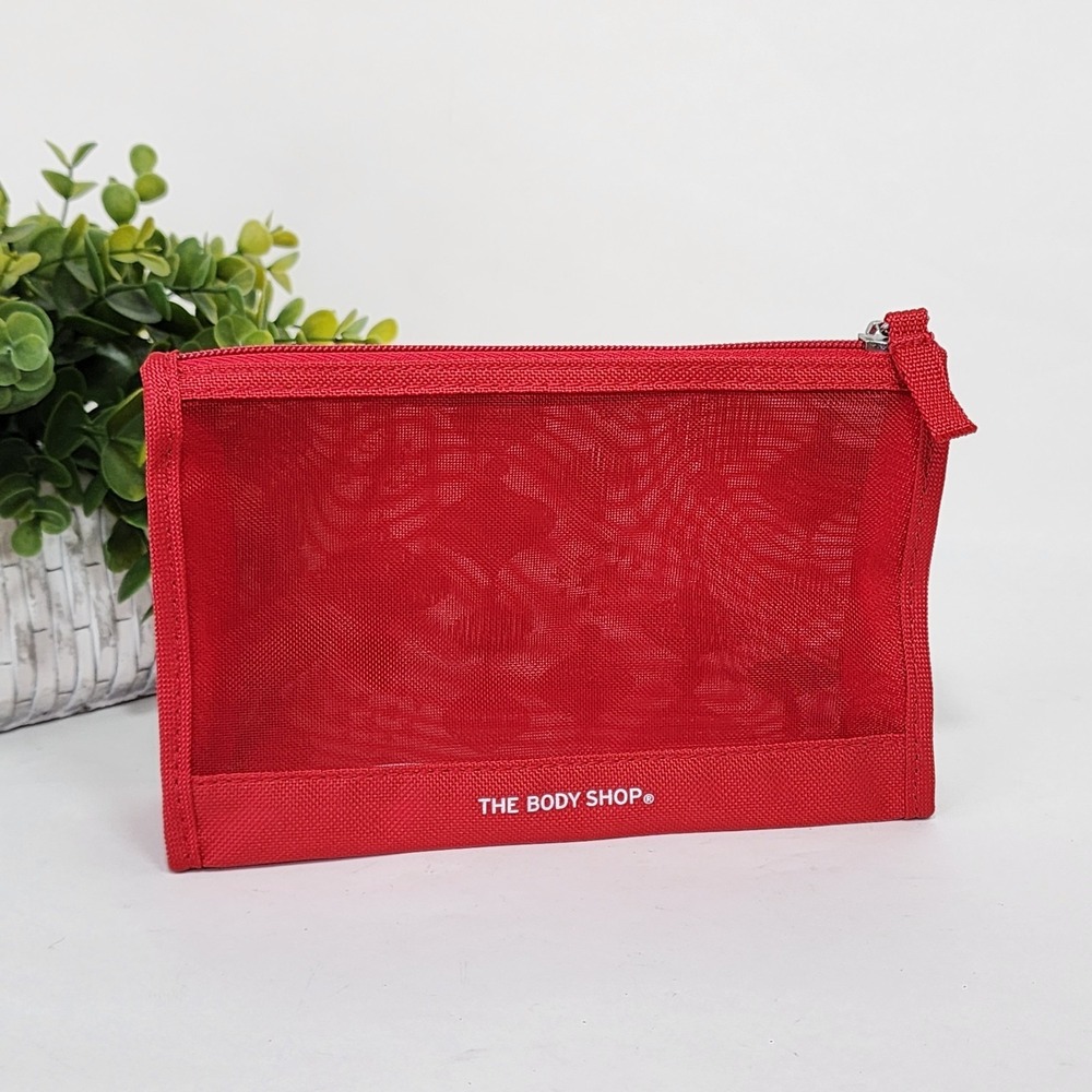 The Body Shop Cosmetic Make-Up Zip Canvas Mesh 7.75" x 5" x 2" Red & White